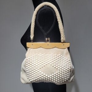 Stein Women's Vintage Beaded Handbag w/ Lucite Clasp Cream Hollywood Glam
